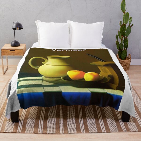 Item preview, Vermeer style still life with vase and fruit. Rich brown, pale orange, and blue colors. Calm serenity wall art, prints, on canvas, or posters for living room, bedroom, or kitchen decor. designed and sold by JoelsCorner.