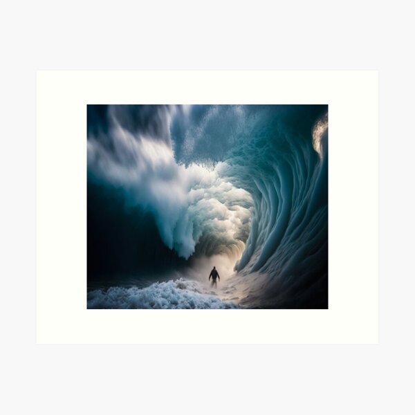 A man, a surfer in front of a giant wave Art Print