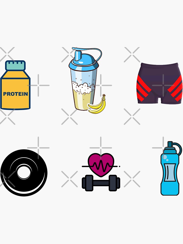 Gym Essentials Protein, Shaker, Bra, Kettlebell, Dumbbell, Water bottle  Sticker for Sale by Kaito Designs