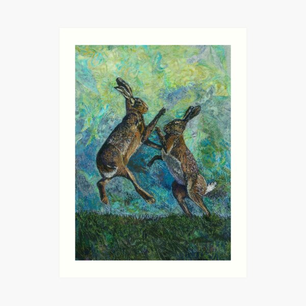 Boxing Hares Embroidery - Textile Art Art Print
