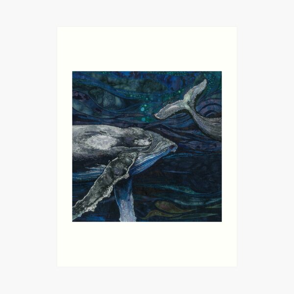 The Deep - Humpback Whales Embroidery - Textile Art Art Print