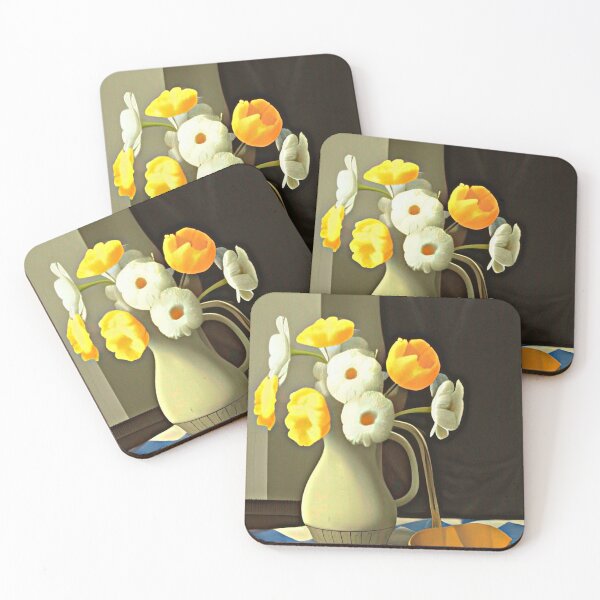 Item preview, Vermeer style still life with vase and flowers. Rich brown, pale orange, and white colors. Calm serenity wall art, prints, on canvas, or posters for living room, bedroom, or kitchen decor.   designed and sold by JoelsCorner.
