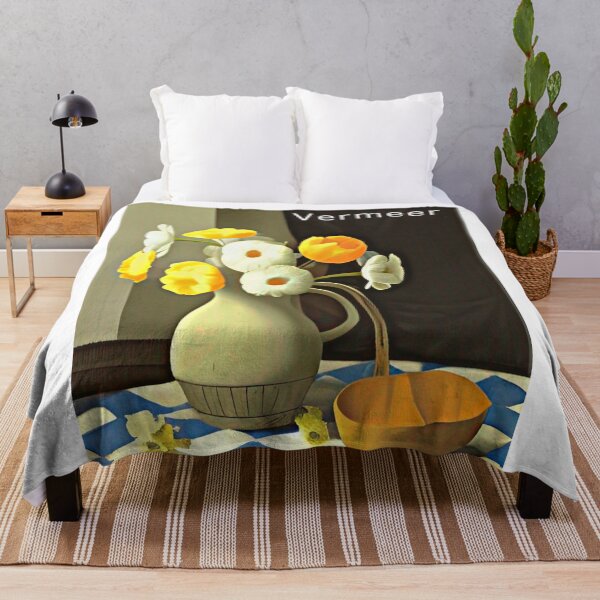 Item preview, Vermeer style still life with vase and flowers. Rich brown, pale orange, and white colors. Calm serenity wall art, prints, on canvas, or posters for living room, bedroom, or kitchen decor. designed and sold by JoelsCorner.