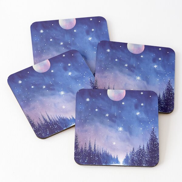 Item preview, Winter landscape with pink moon - watercolor designed and sold by Red Witch Art.