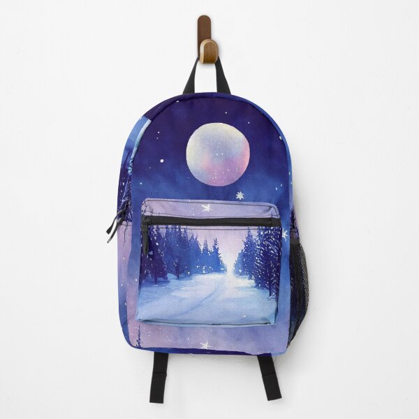 Item preview, Winter landscape with pink moon - watercolor designed and sold by Red Witch Art.