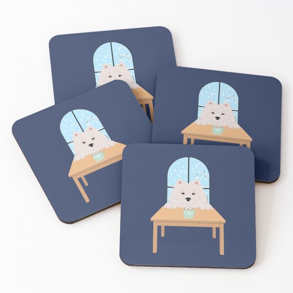 Item preview, White Samoyed Dog with Winter Window and Hot Chocolate on Table designed and sold by SeasonalDogs.