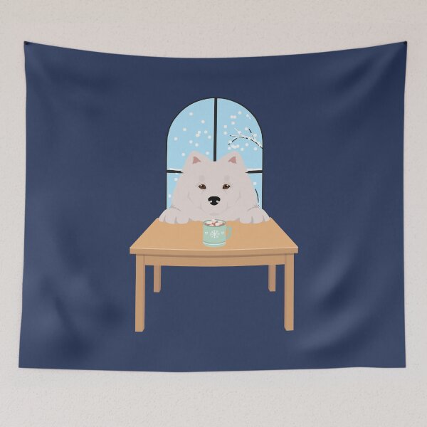 Item preview, White Samoyed Dog with Winter Window and Hot Chocolate on Table designed and sold by SeasonalDogs.