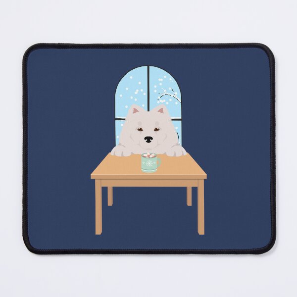 Item preview, White Samoyed Dog with Winter Window and Hot Chocolate on Table designed and sold by SeasonalDogs.