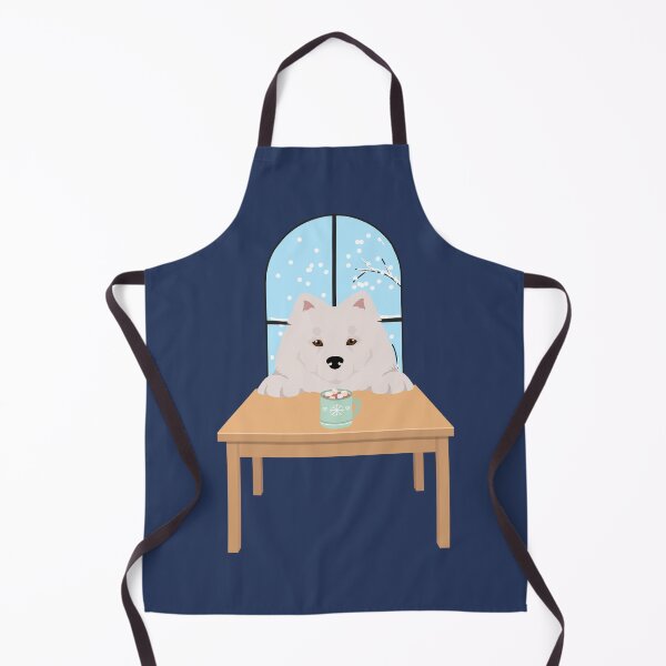 Item preview, White Samoyed Dog with Winter Window and Hot Chocolate on Table designed and sold by SeasonalDogs.