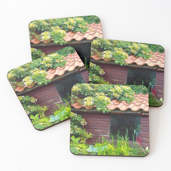 Item preview, Garden shed with terracotta roof tiles covered by climbing green plant. designed and sold by claireseyeview.