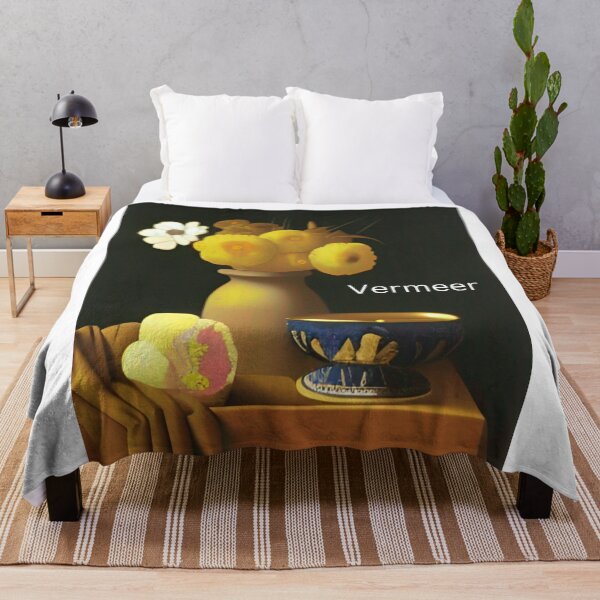 Item preview, Vermeer style still life with vase and flowers. Rich brown, pale orange, and white colors. Calm serenity wall art, prints, on canvas, or posters for living room, bedroom, or kitchen decor. designed and sold by JoelsCorner.