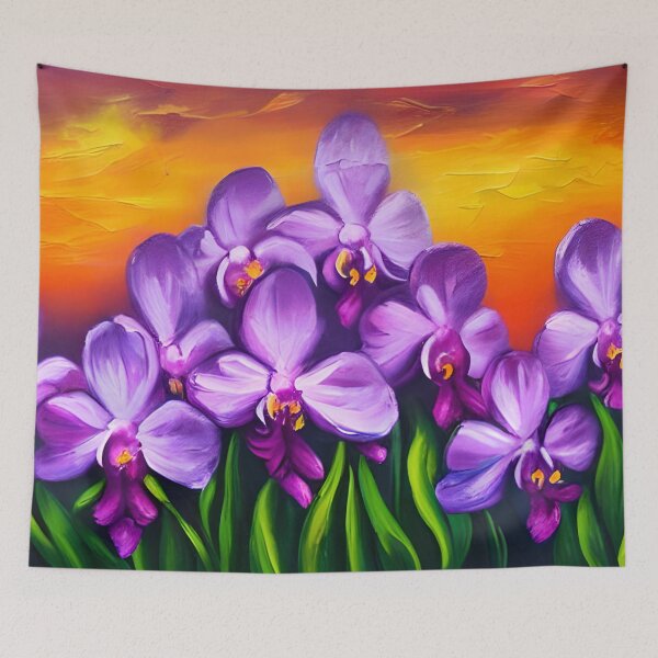 Artikelvorschau, Blumenkunst, abstrakte lila Orchideenblumen-Blumenkunst, Berg-Sonnenuntergang-Glühen-Kunst entworfen und verkauft von viewgraphics.