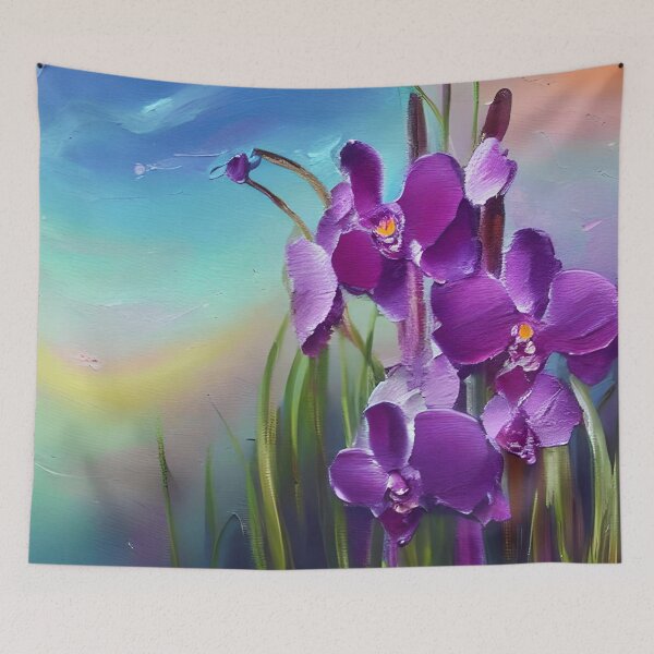 Artikelvorschau, Blumenkunst, abstrakte lila Orchideenblumen-Blumenkunst, Berg-Sonnenuntergang-Glühen-Kunst entworfen und verkauft von viewgraphics.