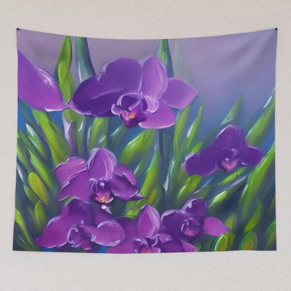 Artikelvorschau, Blumenkunst, abstrakte lila Orchideenblumen-Blumenkunst, Berg-Sonnenuntergang-Glühen-Kunst entworfen und verkauft von viewgraphics.