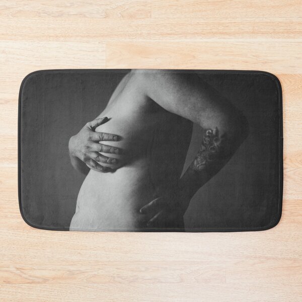Item preview, Black & white portrait of a nude middle aged model, her hand covering her breast and nipples, stretch mark, tiger strips, tattoo designed and sold by Royalnovalux.