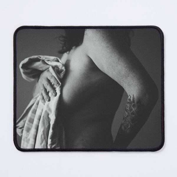 Item preview, Black & white portrait of a nude middle aged model, her hand covering her breast and nipples, arm tattoo designed and sold by Royalnovalux.