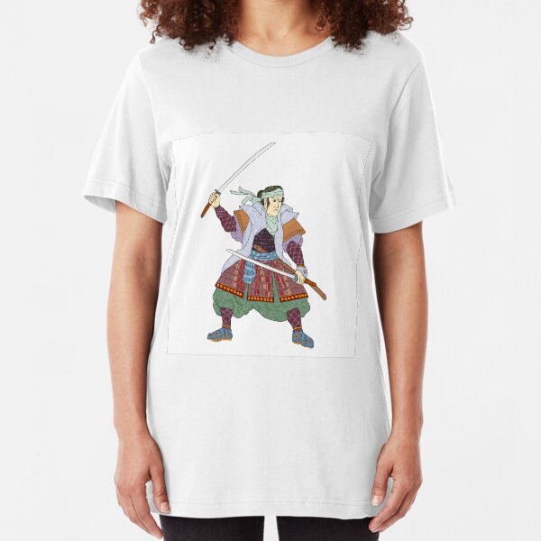 Samurai Warrior Fighting Stance Mono Line Slim Fit T-Shirt