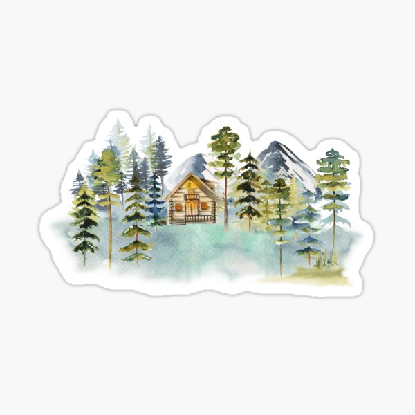 Watercolor Cabin in The Pine Forest and mountain Sticker