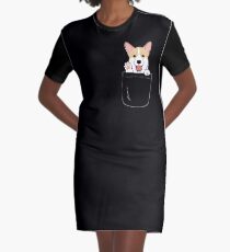 Corgi In Pocket T-Shirt Cute Paws Blush Smile Puppy Emoji Graphic T-Shirt Dress