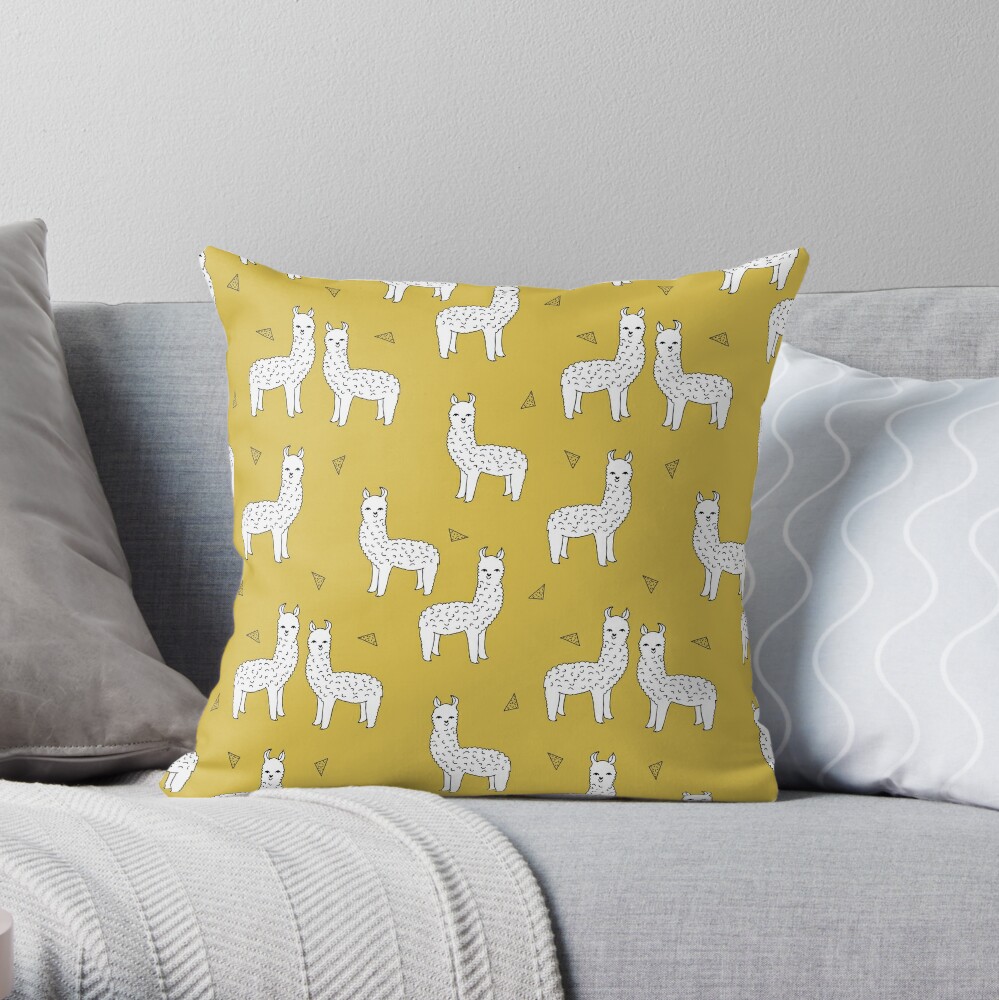 Alpaca - Mustard by Andrea Lauren Throw Pillow