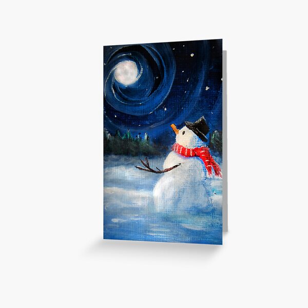 Item preview, Snowman Gazes at Night Sky & Moon - Folk Painting - Holiday Card, Cristmas Card, Greeting Card, Winter Card, Snowman Card, Greeting Card, Postcard designed and sold by Leah McNeir.