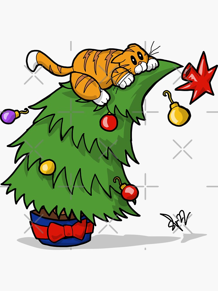 "Cat attacking christmas tree cartoon " Sticker for Sale by Pittstop