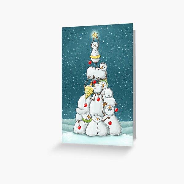 Snowman forming Christmas tree clambering on each other Greeting Card