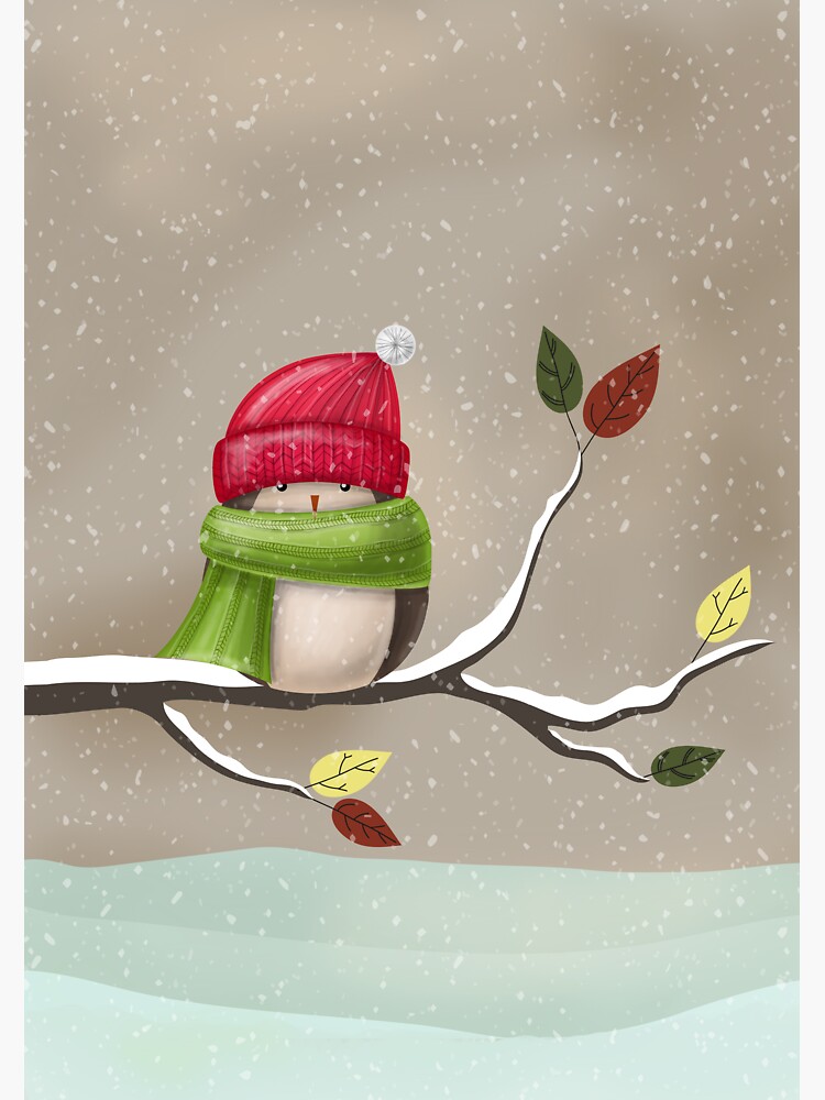 Winter bird in snowfall with knitted hat and scarf by creaschon