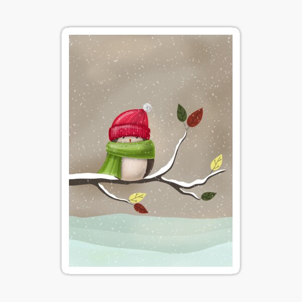 Winter bird in snowfall with knitted hat and scarf Sticker
