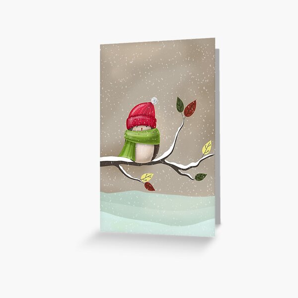 Winter bird in snowfall with knitted hat and scarf Greeting Card