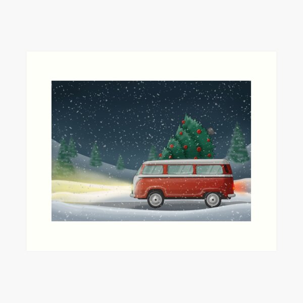 Red camper illustration with Christmas tree on it, in snowfall Art Print
