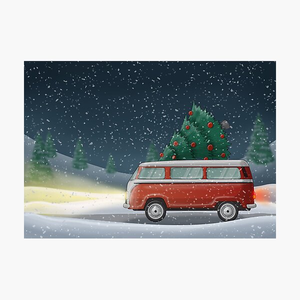 Red camper illustration with Christmas tree on it, in snowfall Photographic Print