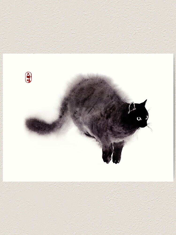 Wet watercolor Black Cat illustration in Zen style | Art Print