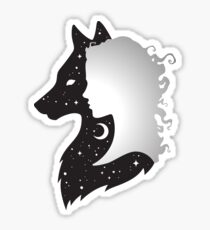 She Wolf Woman and Wolf with Moon and Stars Sticker