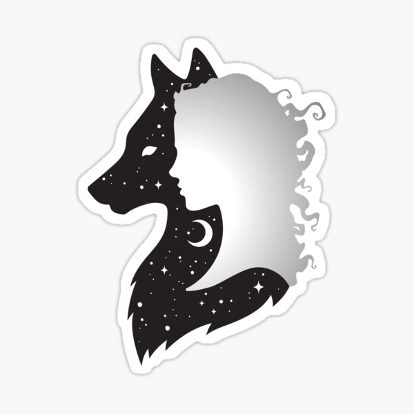 She Wolf Woman and Wolf with Moon and Stars Sticker