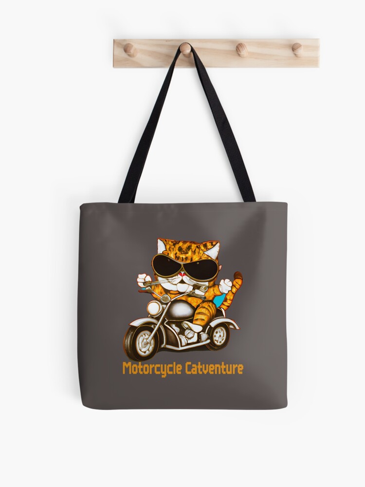 Motorcycle Catventure - Funny Roux Cat on a Vintage Motorcycle Tote Bag by  LV-creator