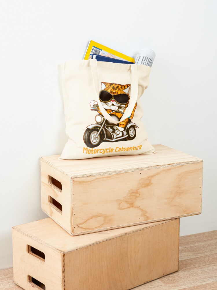 Motorcycle Catventure - Funny Roux Cat on a Vintage Motorcycle Tote Bag by  LV-creator