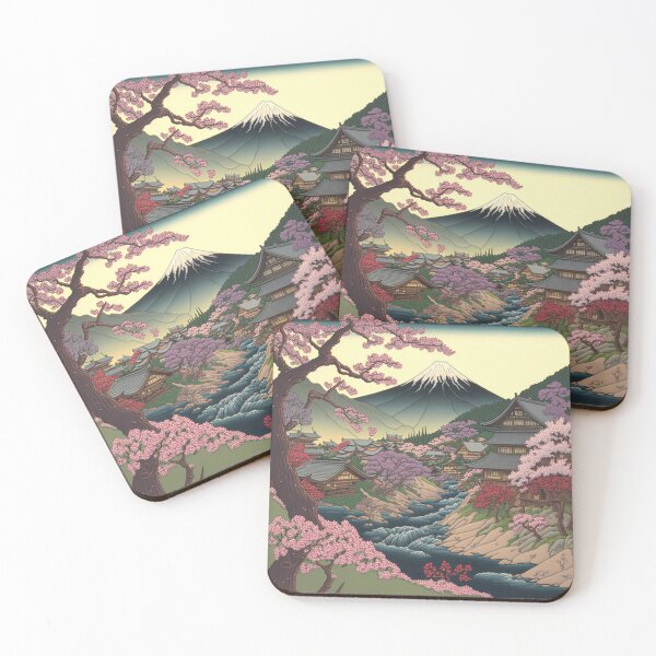 Item preview, Traditional Japanese Manga Village with Flowing River and Cherry Blossom Trees designed and sold by ArthurTrombley.