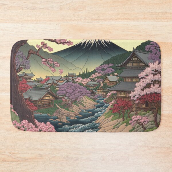 Item preview, Traditional Japanese Manga Village with Flowing River and Cherry Blossom Trees designed and sold by ArthurTrombley.