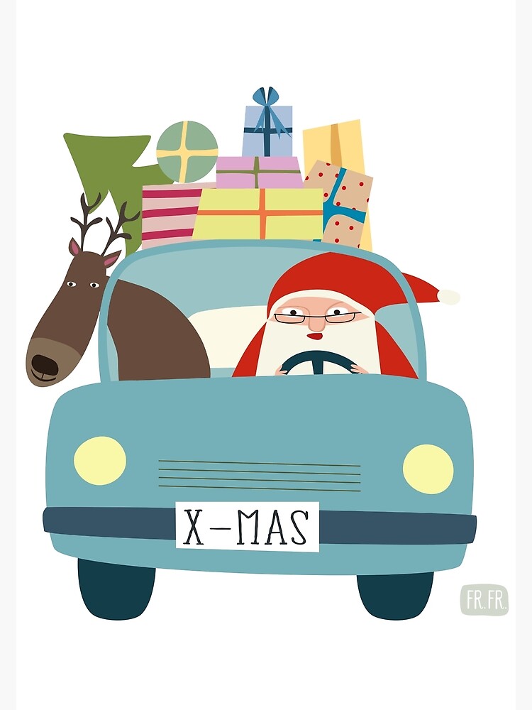 Weihnachtsmann und Rentier im Auto Poster for Sale by Ulrike Früchtnicht