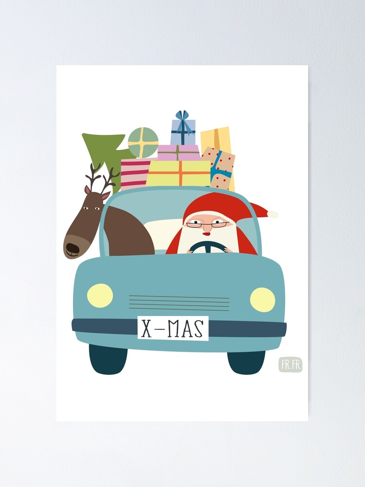 Weihnachtsmann und Rentier im Auto Poster for Sale by Ulrike
