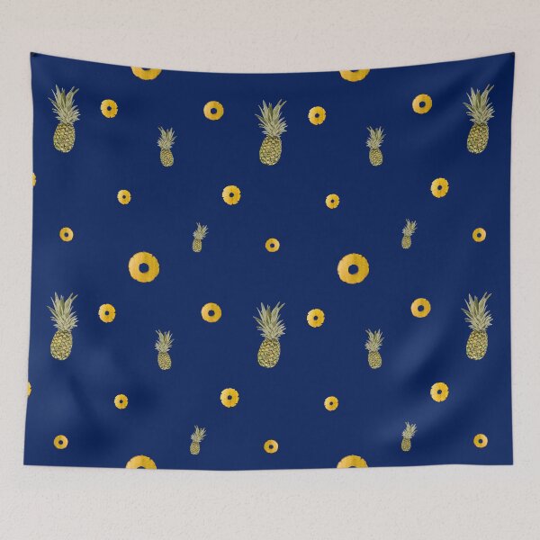 Item preview, Pineapple yellow fruit pattern watercolor blue designed and sold by Yana Mustafina | Boho Soulful Designs.