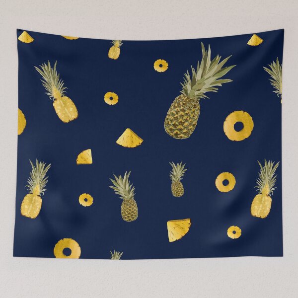 Item preview, Pineapple yellow fruit a cute pattern watercolor blue designed and sold by Yana Mustafina | Boho Soulful Designs.