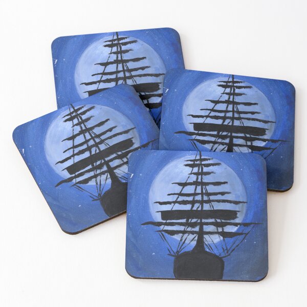 Item preview, Hand painted pirate ship on the ocean silhouetted by the moon designed and sold by baggycatsworld.