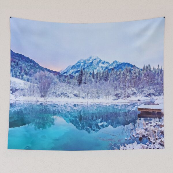 Item preview, Snow mountains and snow forest blue lake water reflections in snowy winter scene watercolor painting designed and sold by UnlockingDesign.