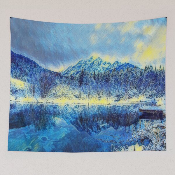 Item preview, Snow mountains and snow forest blue lake water reflections in snowy winter scene watercolor painting designed and sold by UnlockingDesign.