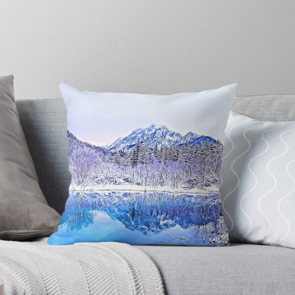 Item preview, Snow mountains and snow forest blue lake water reflections in snowy winter scene vibrant painting designed and sold by UnlockingDesign.