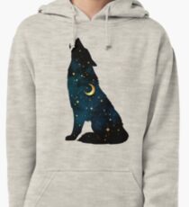 Wolf Silhouette with Stars and Moon Pullover Hoodie