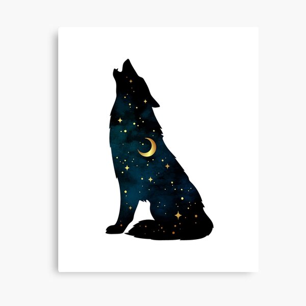 Wolf Silhouette with Stars and Moon Canvas Print