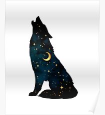 Wolf Silhouette with Stars and Moon Poster